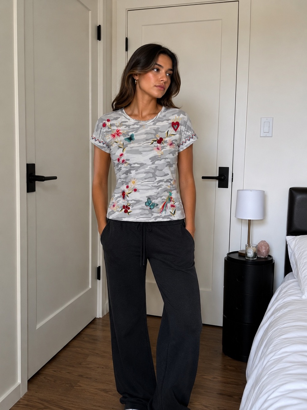 Johnny Was camo tee with embroidered pink and gold floral patch. XS, Runs large! - Picture 10 of 10